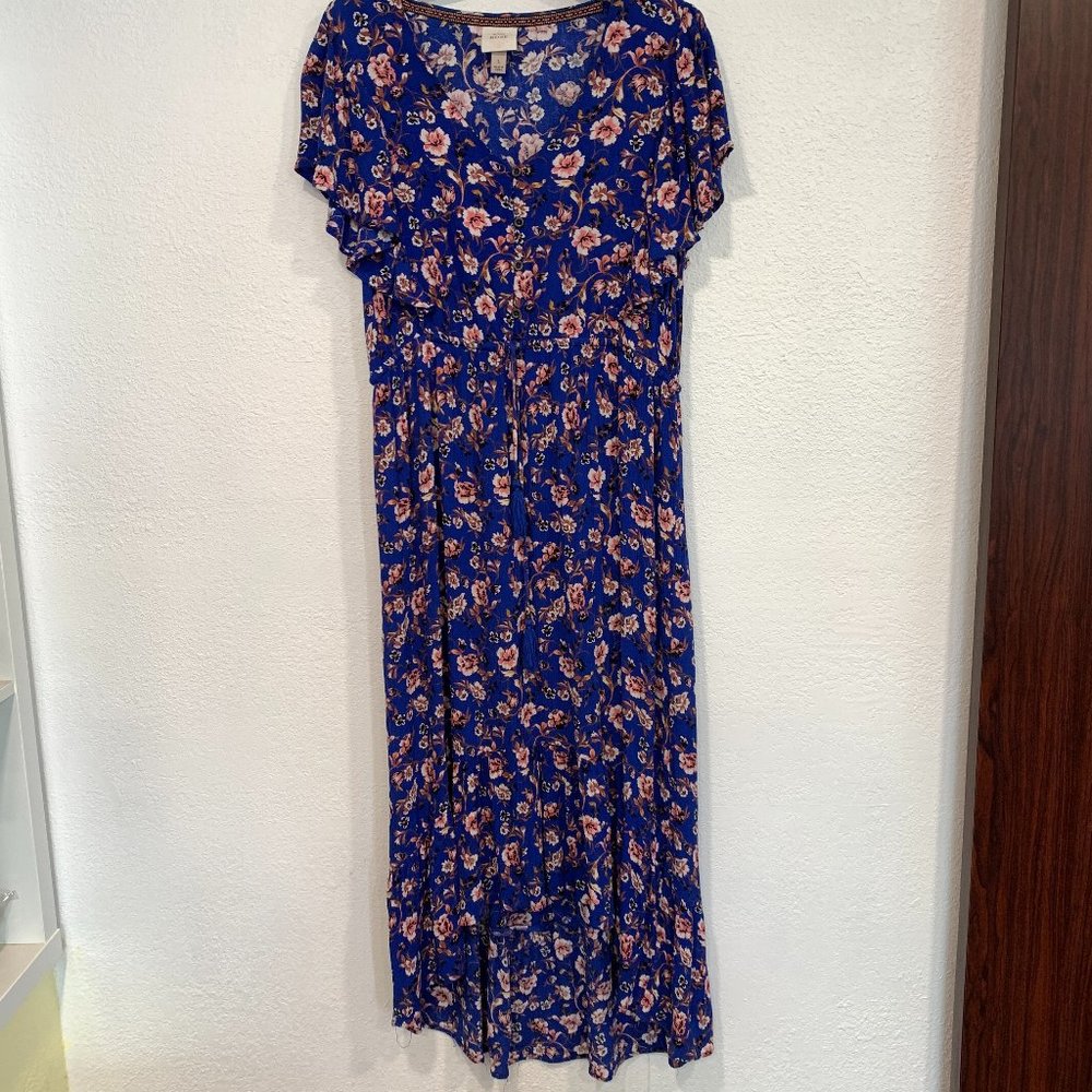 Knox Rose Hi Lo Maxi Dress Blue Floral Tassel Tie Waist Flutter Sleeves Sz Large